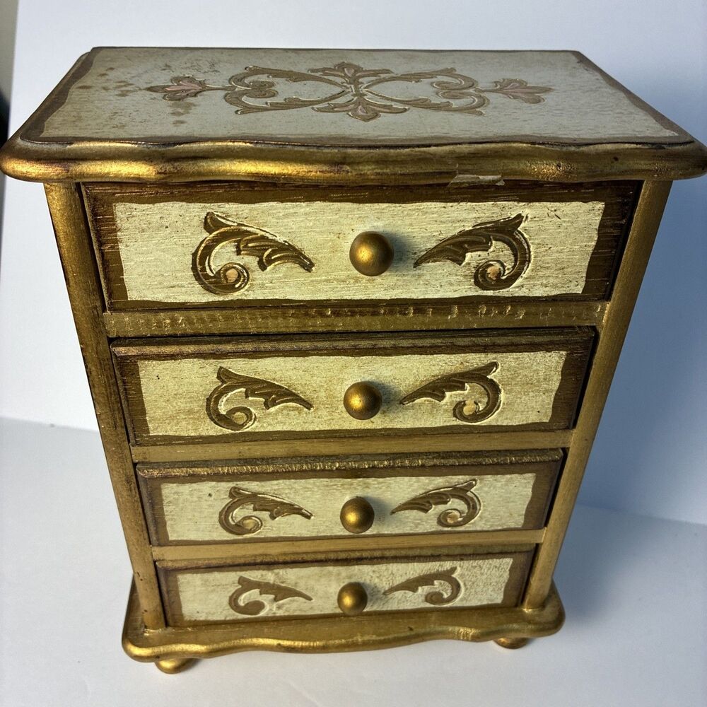 Rare Vintage Wooden Florentine Music Box Jewelry Box Dresser 3 Drawers Works